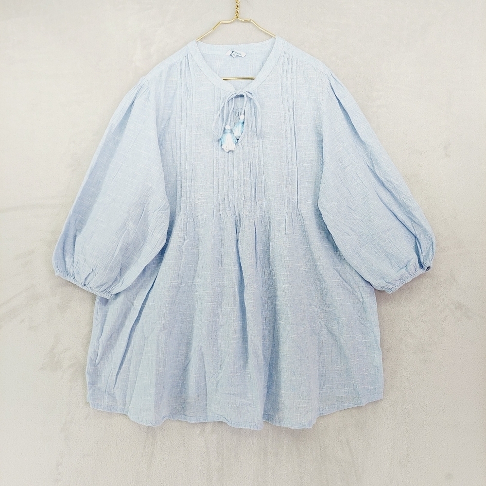 Blue Islands Blue Cotton Puff Sleeve Drawstring Blouse Top P348